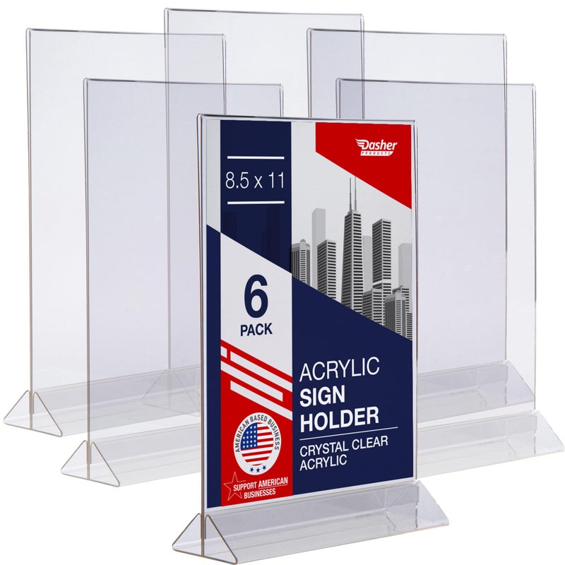 Dasher Products Acrylic Sign Holder 8.5 x 11, T-Shape Menu Holder with Bottom-Loading Design, Plastic Stands for Brochures, Flyers, Menus, and Displays. Double-Sided Display Stand for Tabletop Signs and More (6 Pack) - Image 1